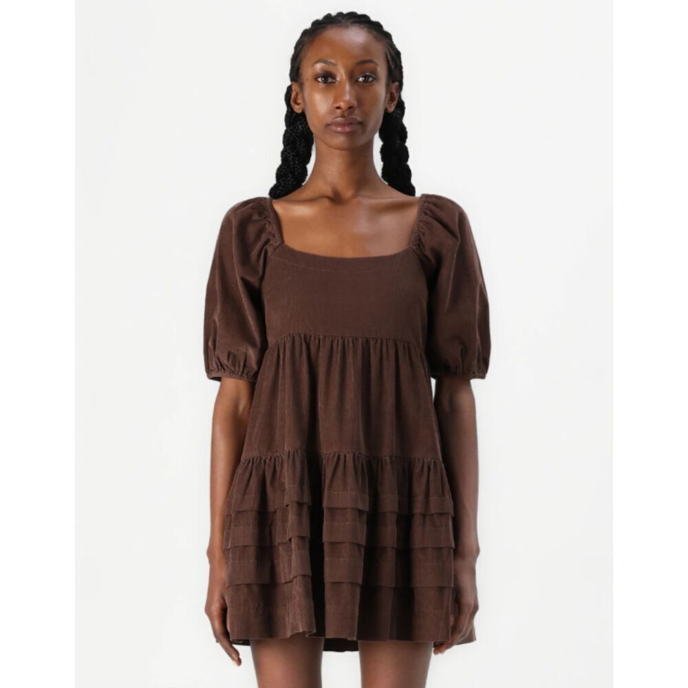 American Eagle AEO Brown Corduroy Baby Doll Tiered Mini Dress Puff Sleeves M